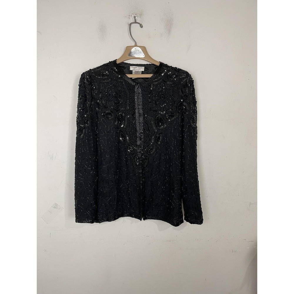 Adrianna Papell Jacket Womens Medium Black Art Deco Silk Beaded Evening Formal